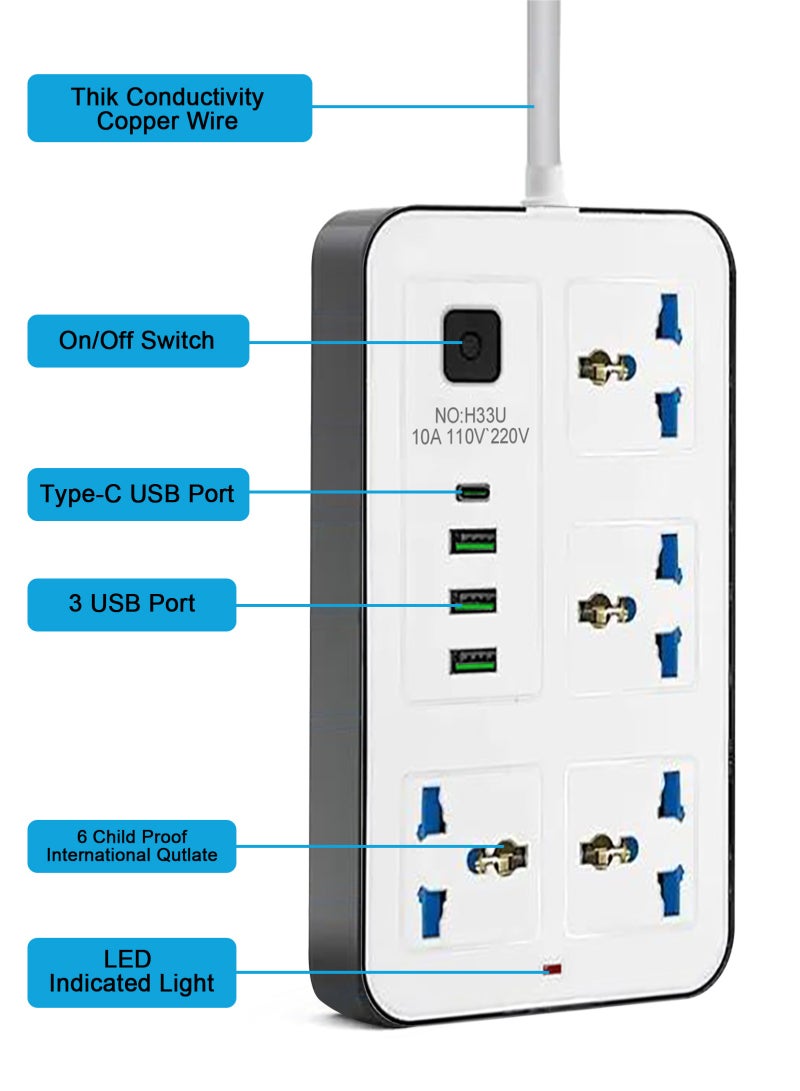 HomarKet 5 Meters Universal Extension Lead with Multiple Function UK Plug 3 Pin Socket Outlet with 4 Gang 3 USB Port 1 Type-C Port 5M 4 Way Electric Socket Extension Cord Power Strip for Home Kitchen and Office(White） - Image 5